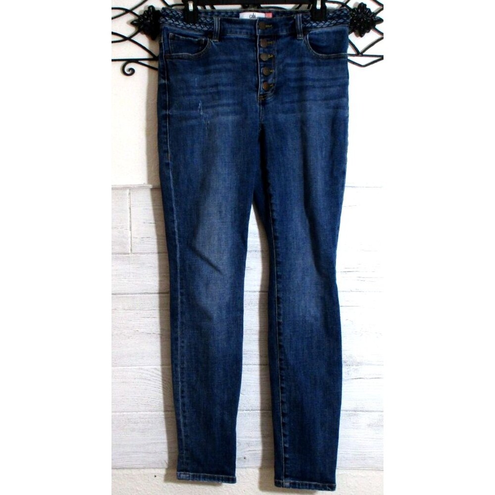 CAbi Women's Skinny Jeans Size 6 Blue Denim Button Front